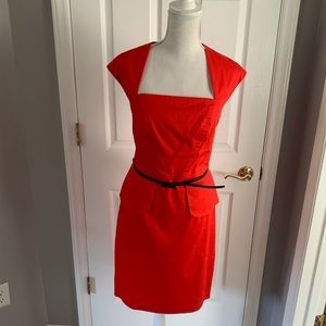 Cap-sleeve Red Peplum Midi Dress w/ Belt